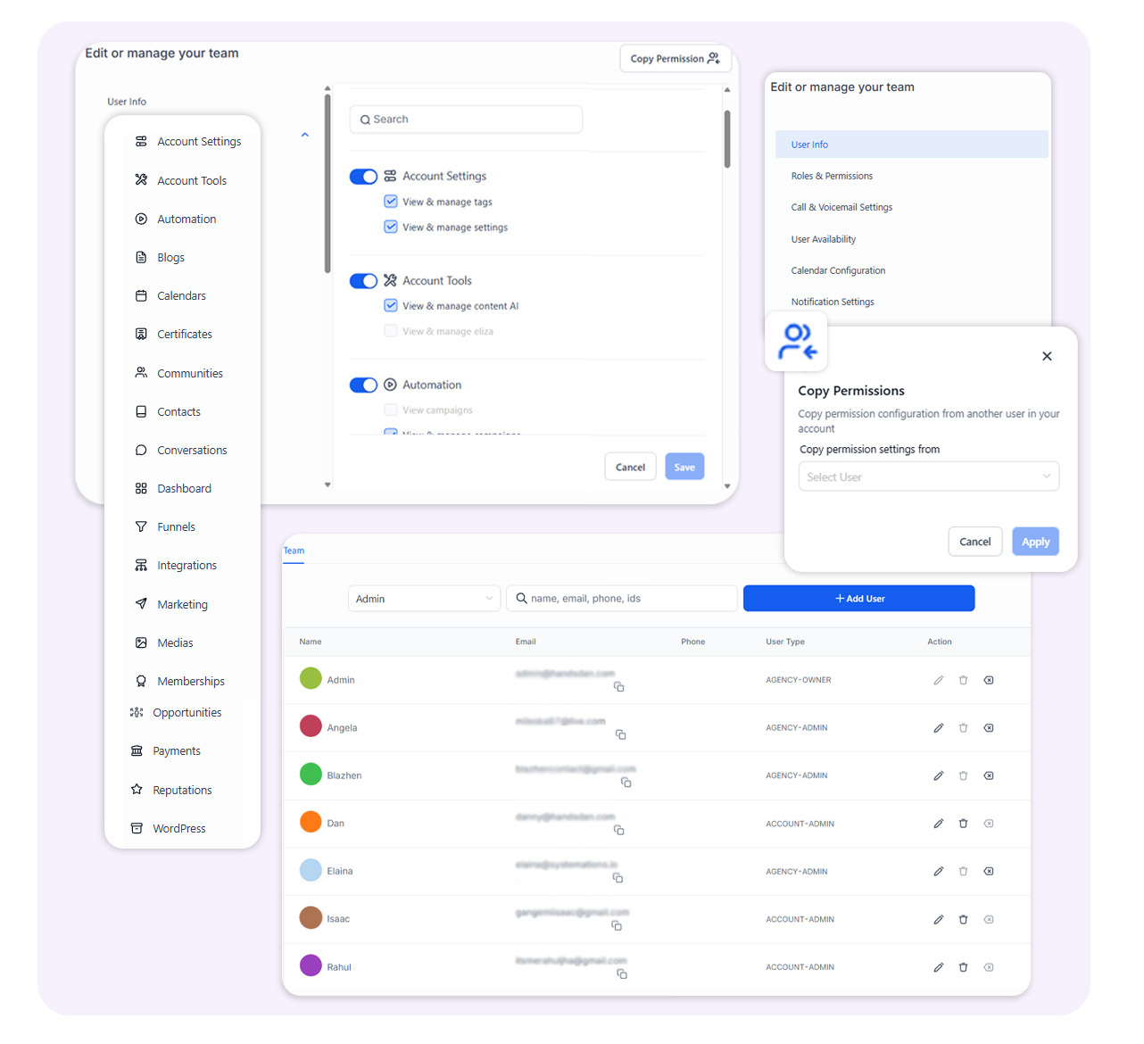 Team management dashboard